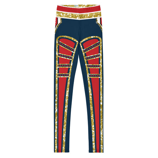 Youth and teen gender neutral leggings in red, navy and gold with insets down the front of each leg. Ankle length and mid-rise elasticated waistband. 