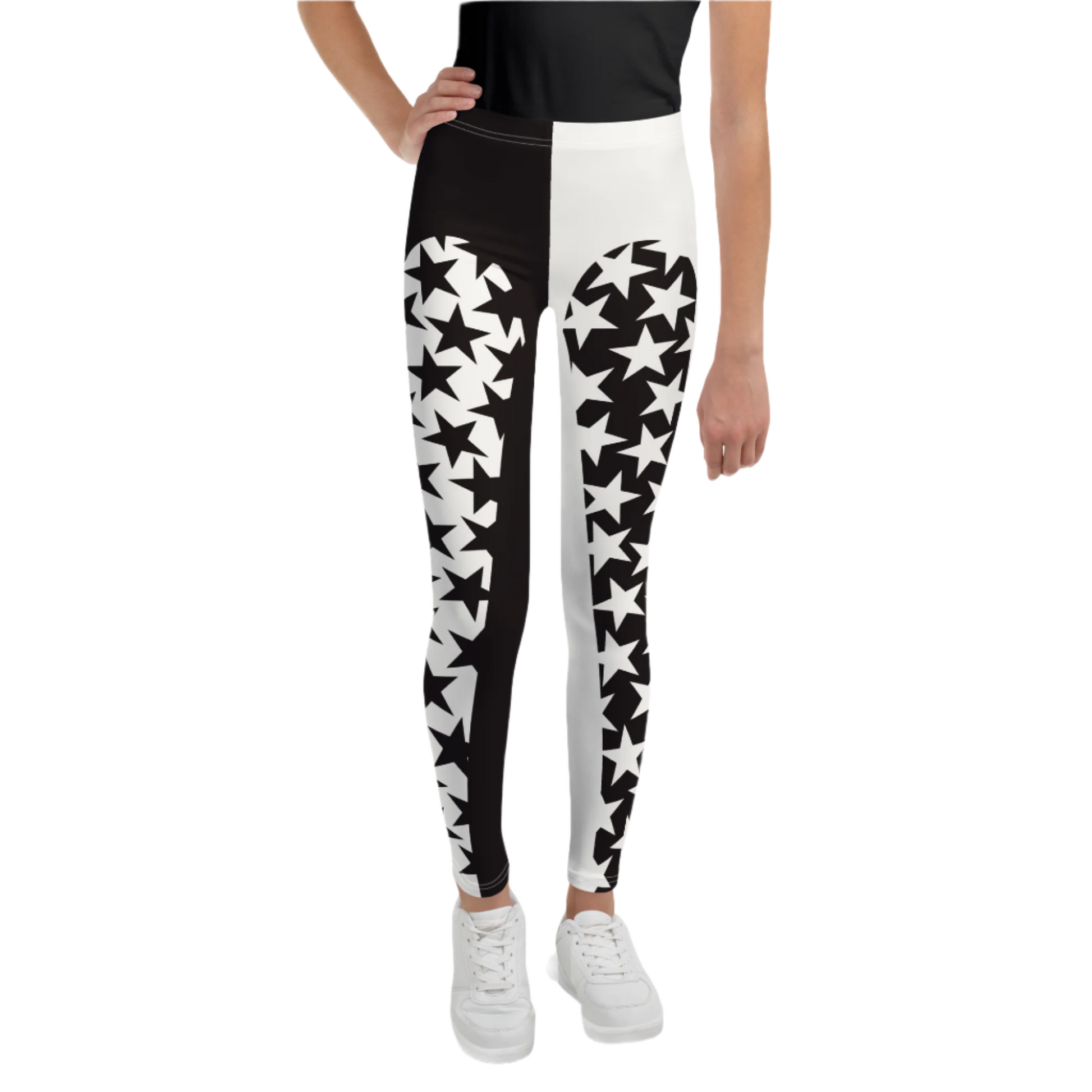 Youth and teen leggings in black and white with matching stars. Pro wrestling tights for teenagers and dancers. BJJ spats for kids in retro 80s style.