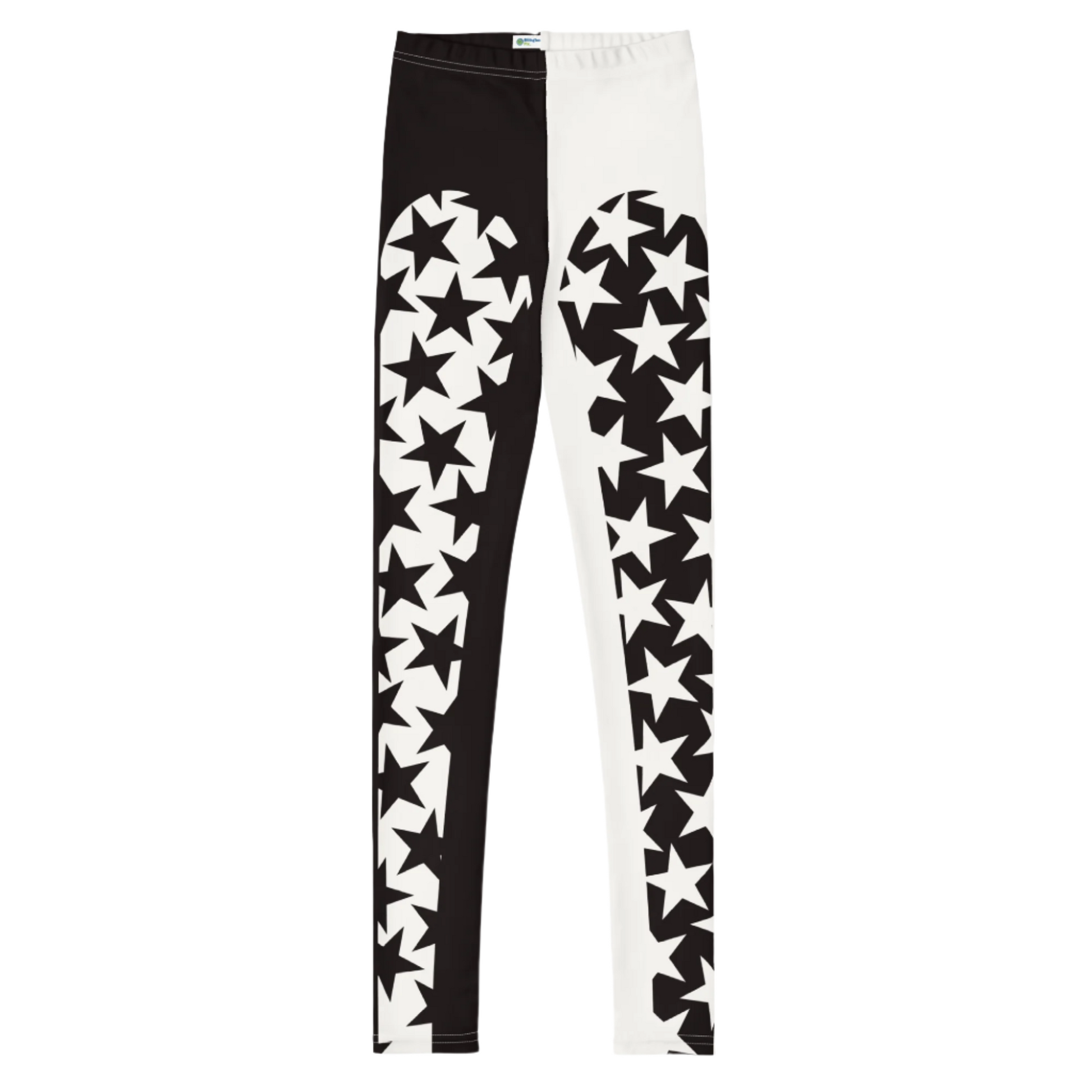 Youth and teen leggings in black and white with matching stars. Pro wrestling tights for teenagers and dancers. BJJ spats for kids in retro 80s style.