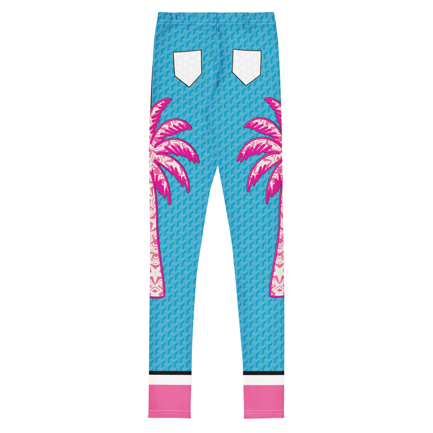 Blue and pink Retro Palm Hero cosplay leggings with palm tree graphics.