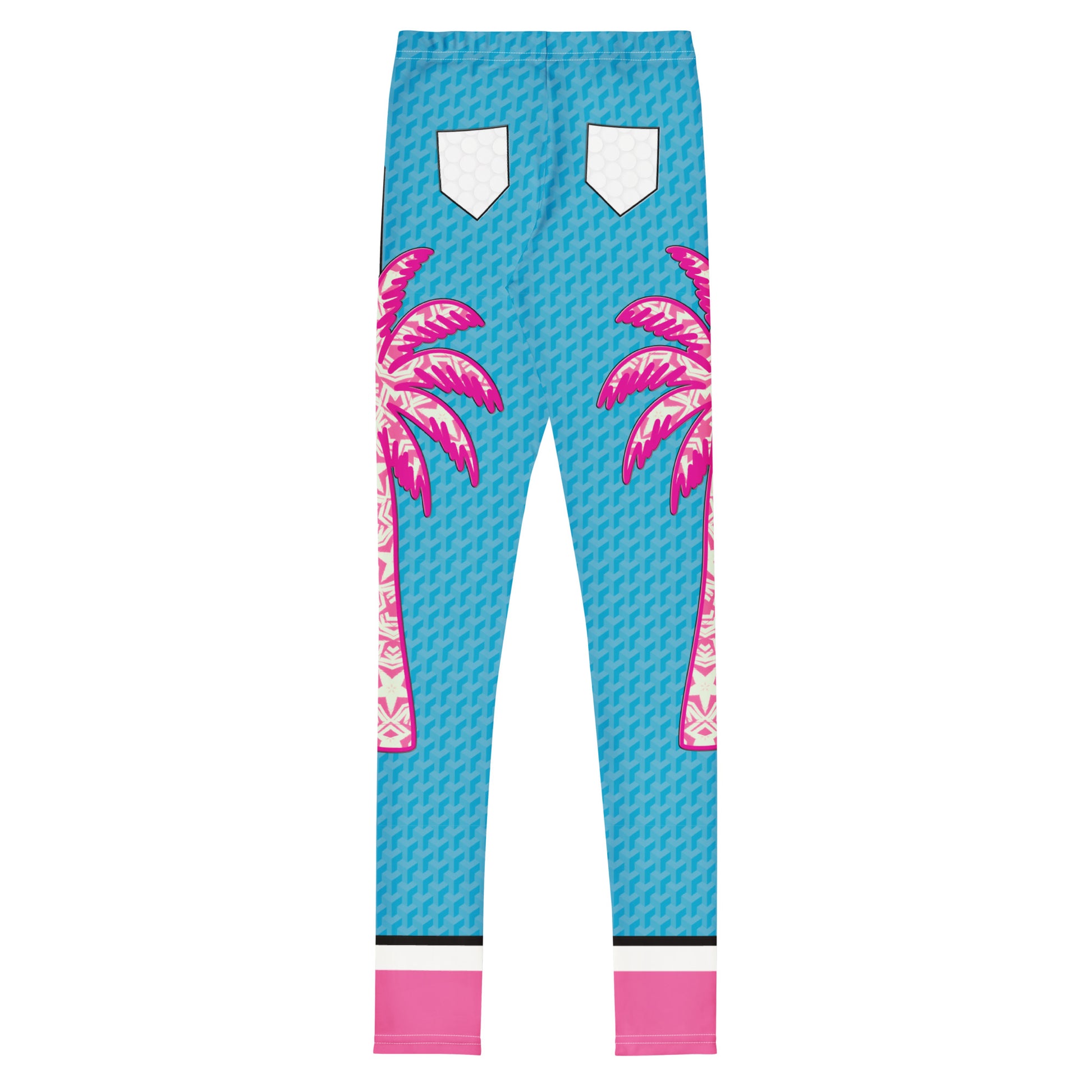 Blue and pink Retro Palm Hero cosplay leggings with palm tree graphics.