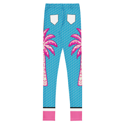 Blue and pink Retro Palm Hero cosplay leggings with palm tree graphics.