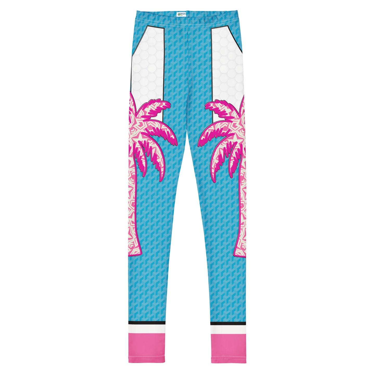Blue and pink Retro Palm Hero cosplay leggings with palm tree graphics.