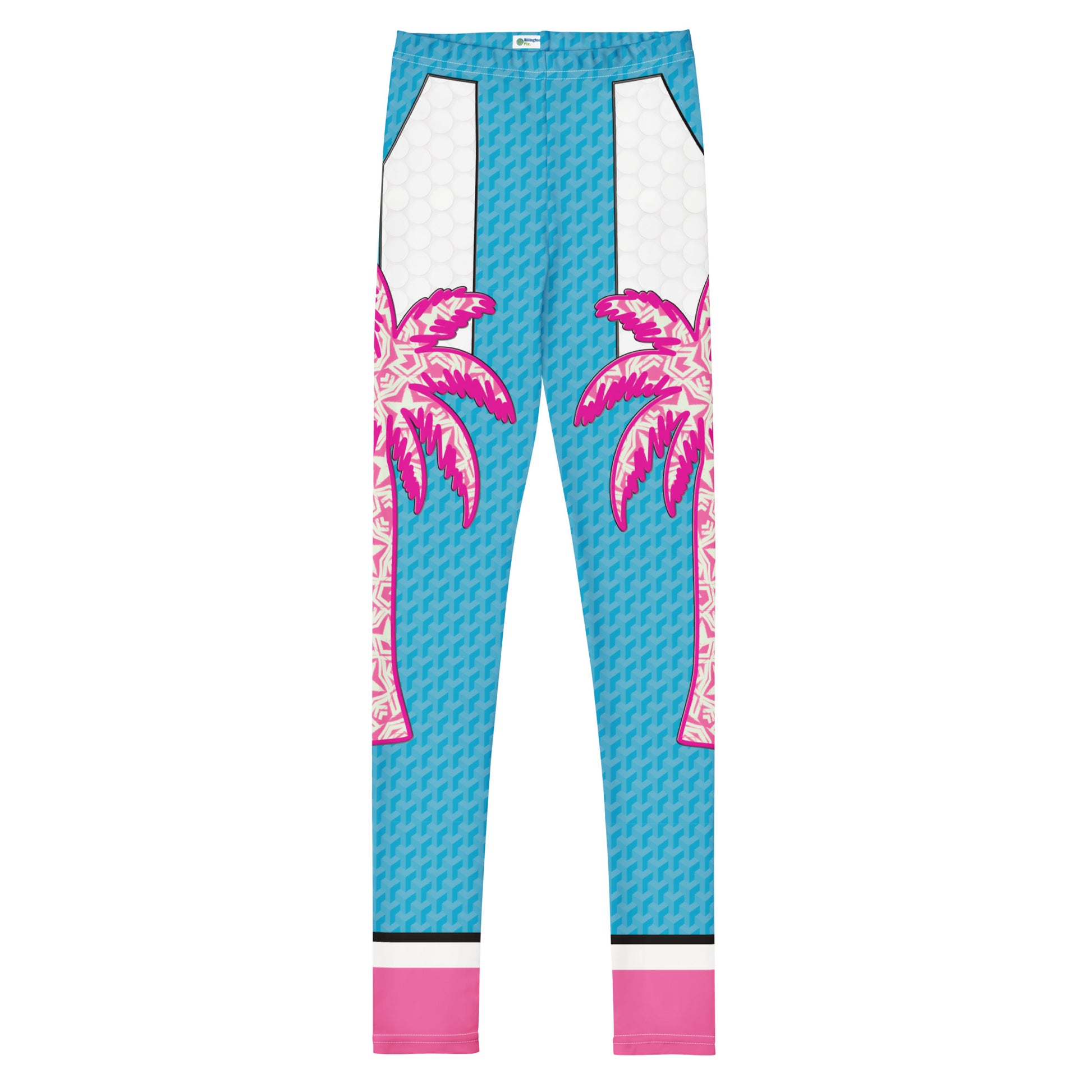 Blue and pink Retro Palm Hero cosplay leggings with palm tree graphics.