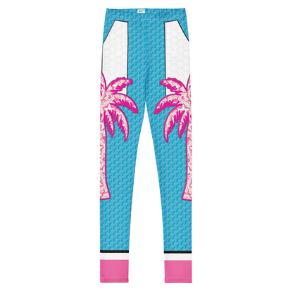 Blue and pink Retro Palm Hero cosplay leggings with palm tree graphics.