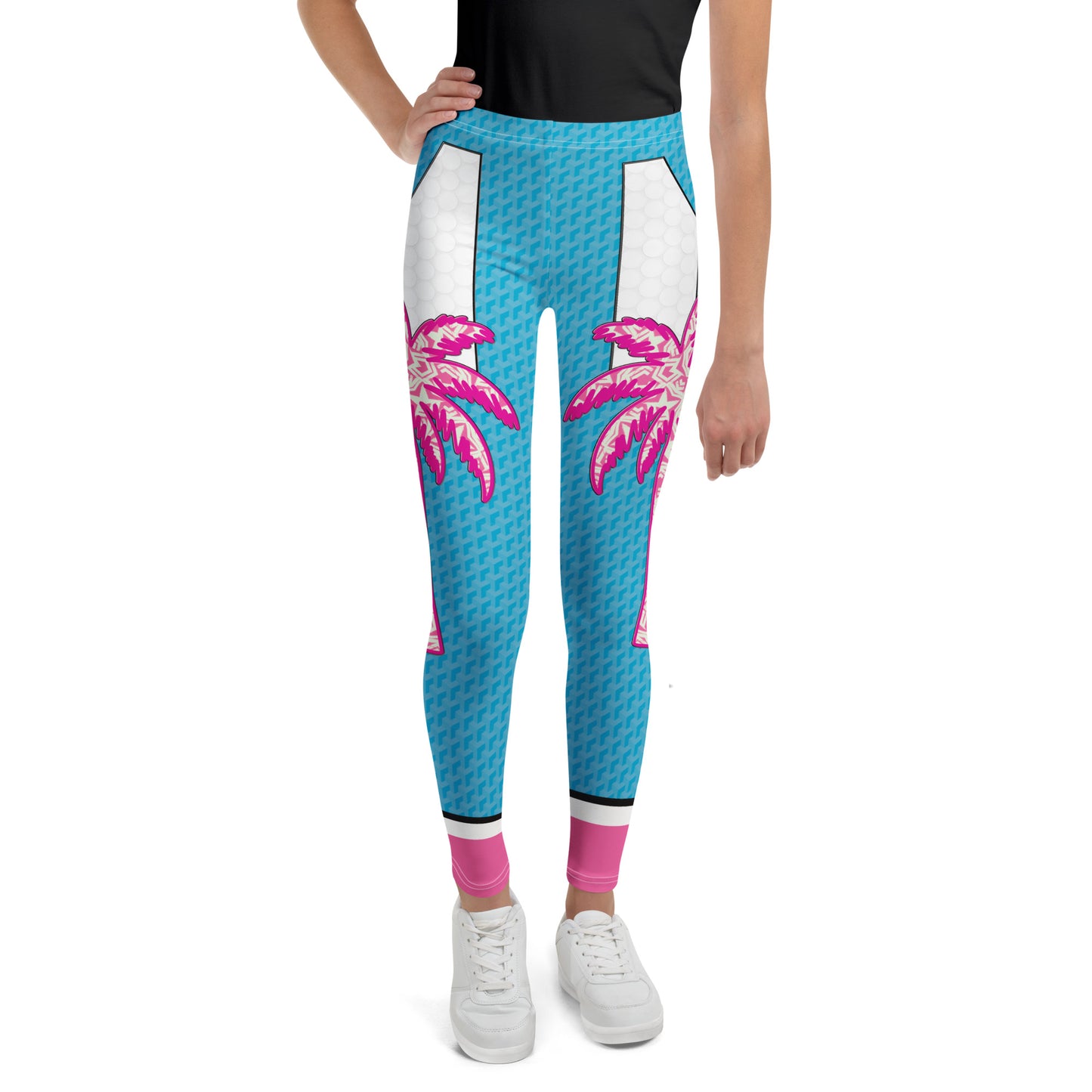 Youth wearing blue and pink Retro Palm Hero cosplay leggings with palm tree graphics.