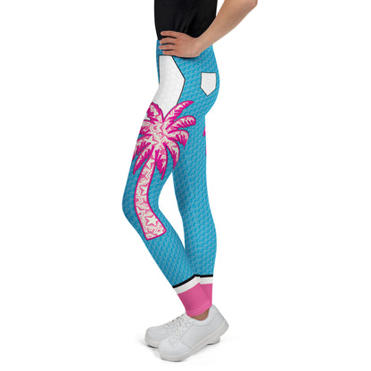 Youth wearing blue and pink Retro Palm Hero cosplay leggings with palm tree graphics.