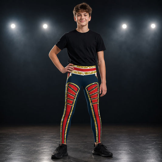 Teenager wearing a black t-shirt and retro military American hero cosplay wrestling tights  in navy and red with gold accents on a dark background.