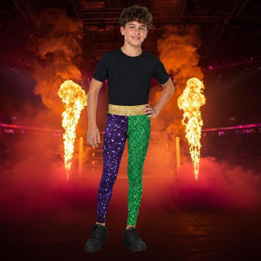 Person wearing colorful retro wrestling tights in green, purple and gold with fire performers in the background