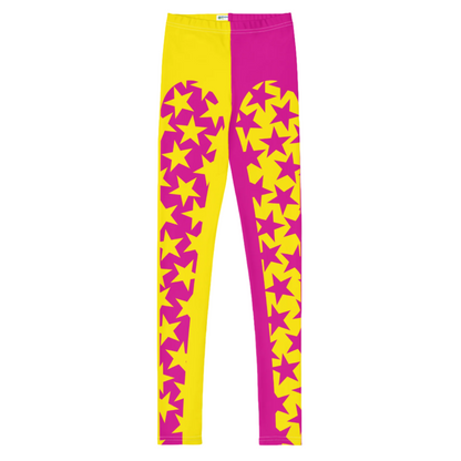 Youth and teen leggings in hot pink and yellow with matching stars. Pro wrestling tights for teenagers and dancers. BJJ spats for kids in retro 80s style.