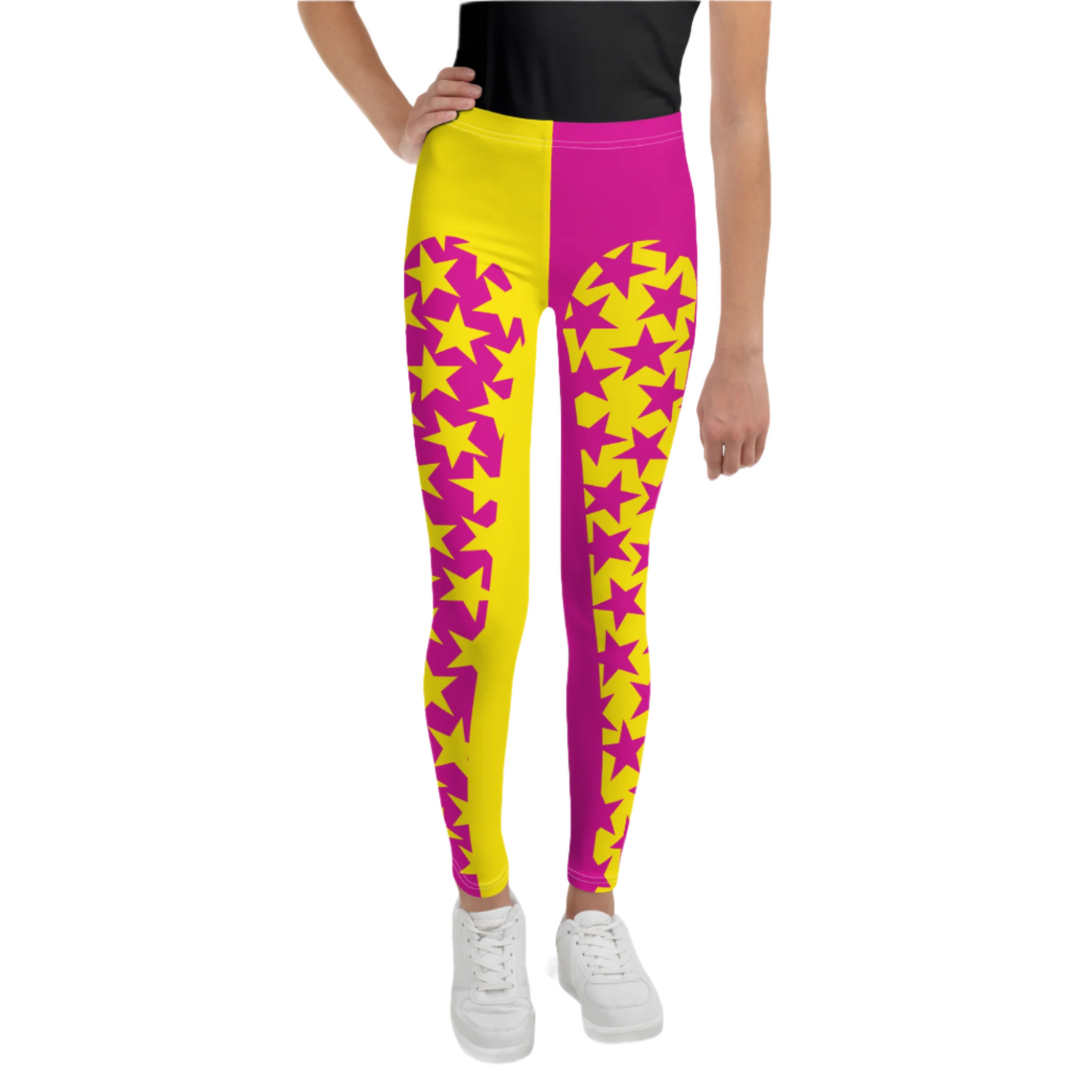 Youth and teen leggings in hot pink and yellow with matching stars. Pro wrestling tights for teenagers and dancers. BJJ spats for kids in retro 80s style.