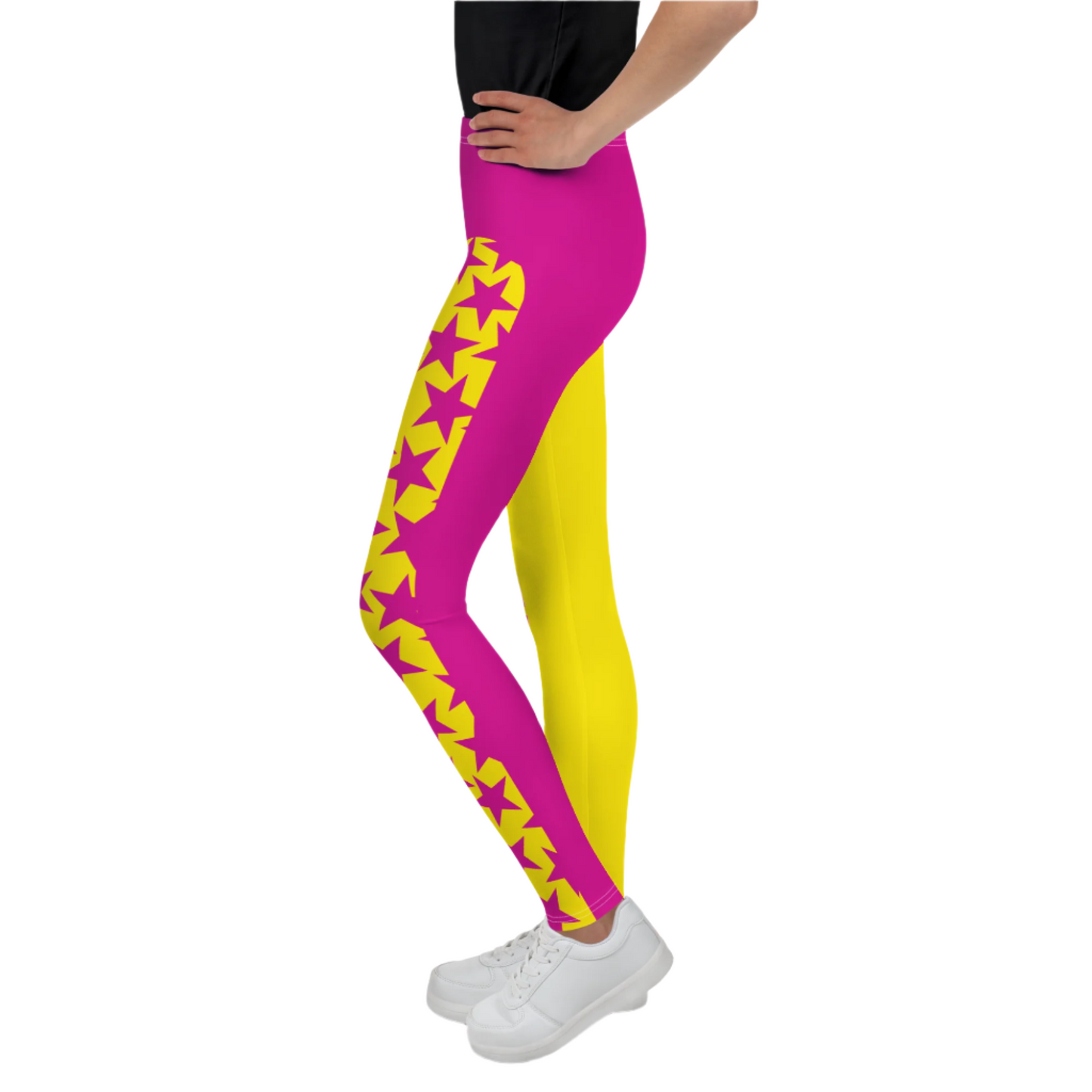 Youth and teen leggings in hot pink and yellow with matching stars. Pro wrestling tights for teenagers and dancers. BJJ spats for kids in retro 80s style.