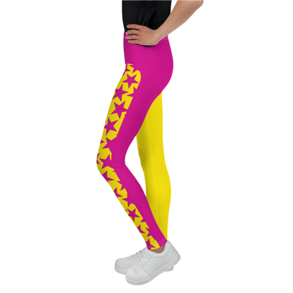 Youth and teen leggings in hot pink and yellow with matching stars. Pro wrestling tights for teenagers and dancers. BJJ spats for kids in retro 80s style.