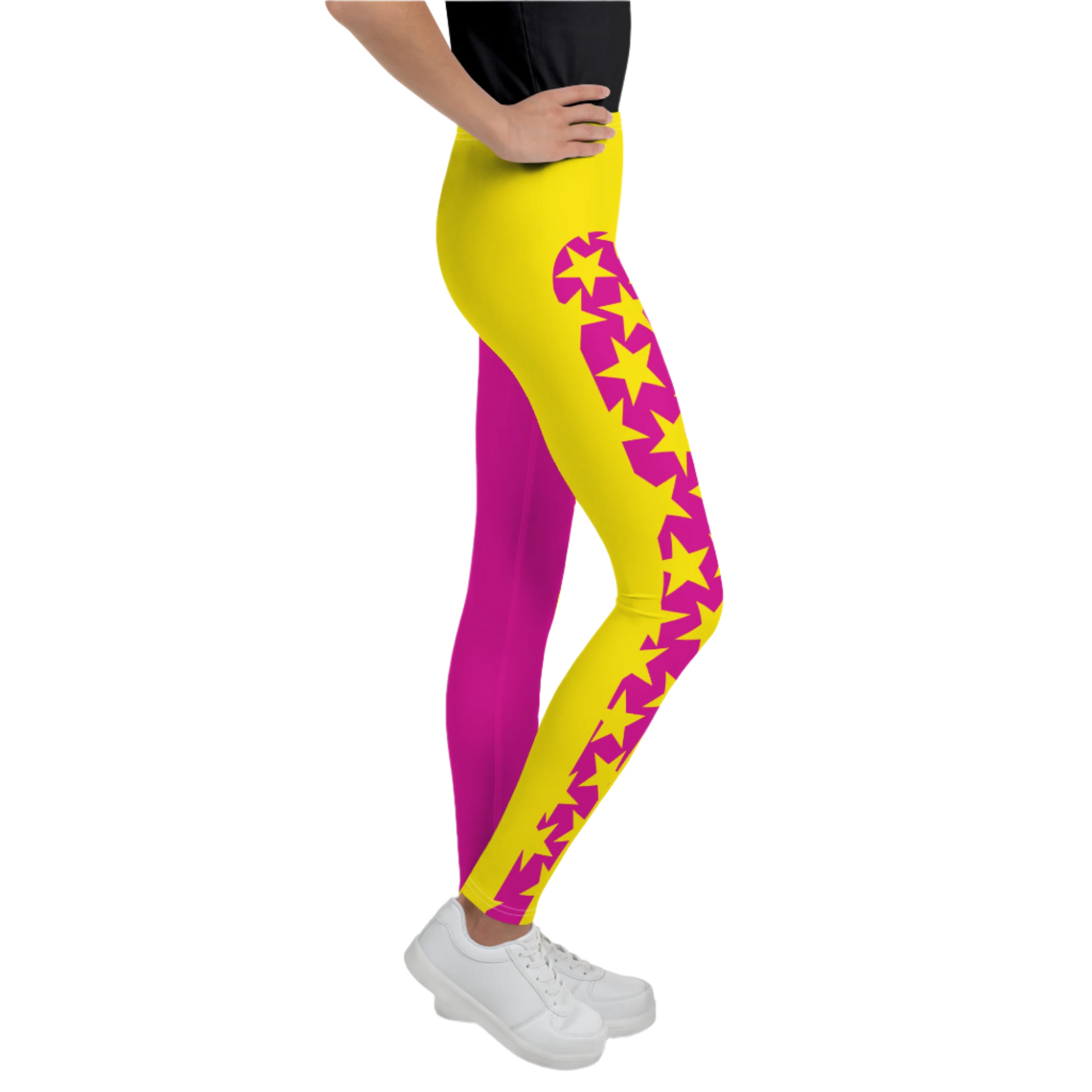 Youth and teen leggings in hot pink and yellow with matching stars. Pro wrestling tights for teenagers and dancers. BJJ spats for kids in retro 80s style.