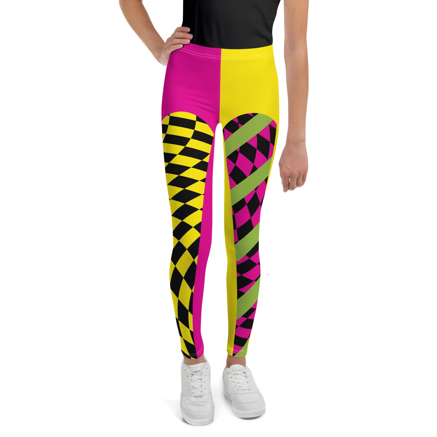 Vibrant, colorful retro inspired footless pro wrestling tights for youths, kids, teenagers, children. Yellow and pink with alternative insets with diagonal green stripes. Mid rise and ankle length.