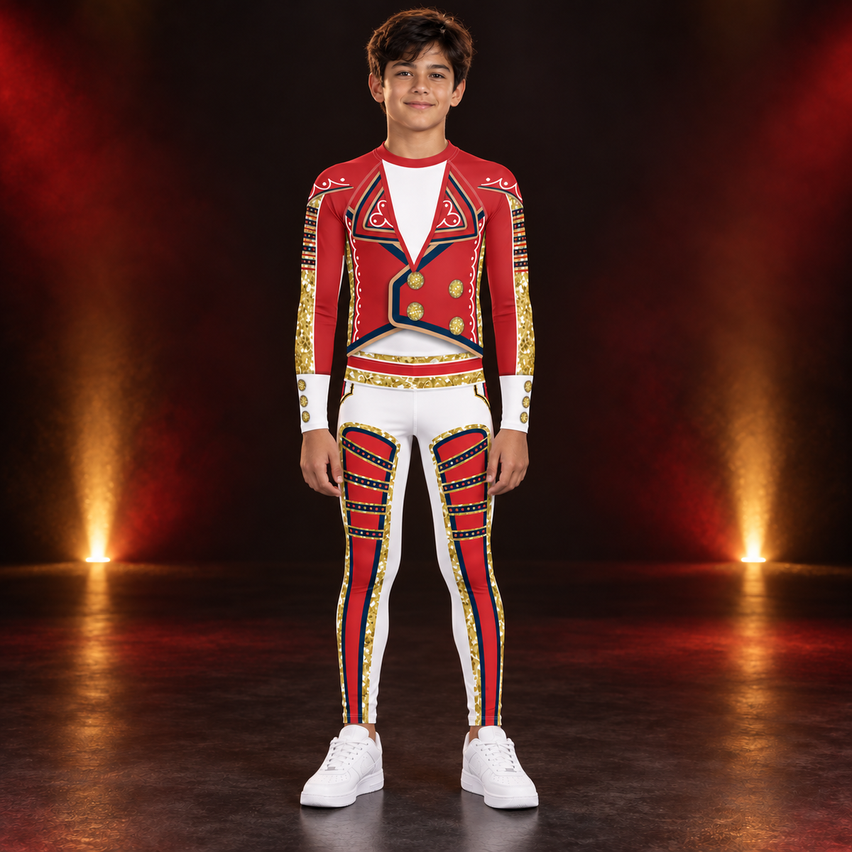 Young wearer in the full White Circus youth wrestling costume - jacket-print rash guard and white leggings with red panels
