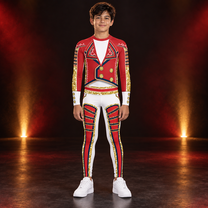 Young wearer in the full White Circus youth wrestling costume - jacket-print rash guard and white leggings with red panels