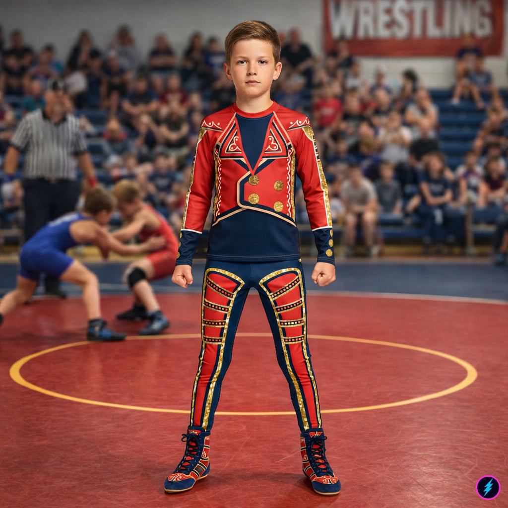 Youth wrestler wearing red and navy circus-style leggings and matching rash guard, standing confidently on a wrestling mat during youth wrestling practice.