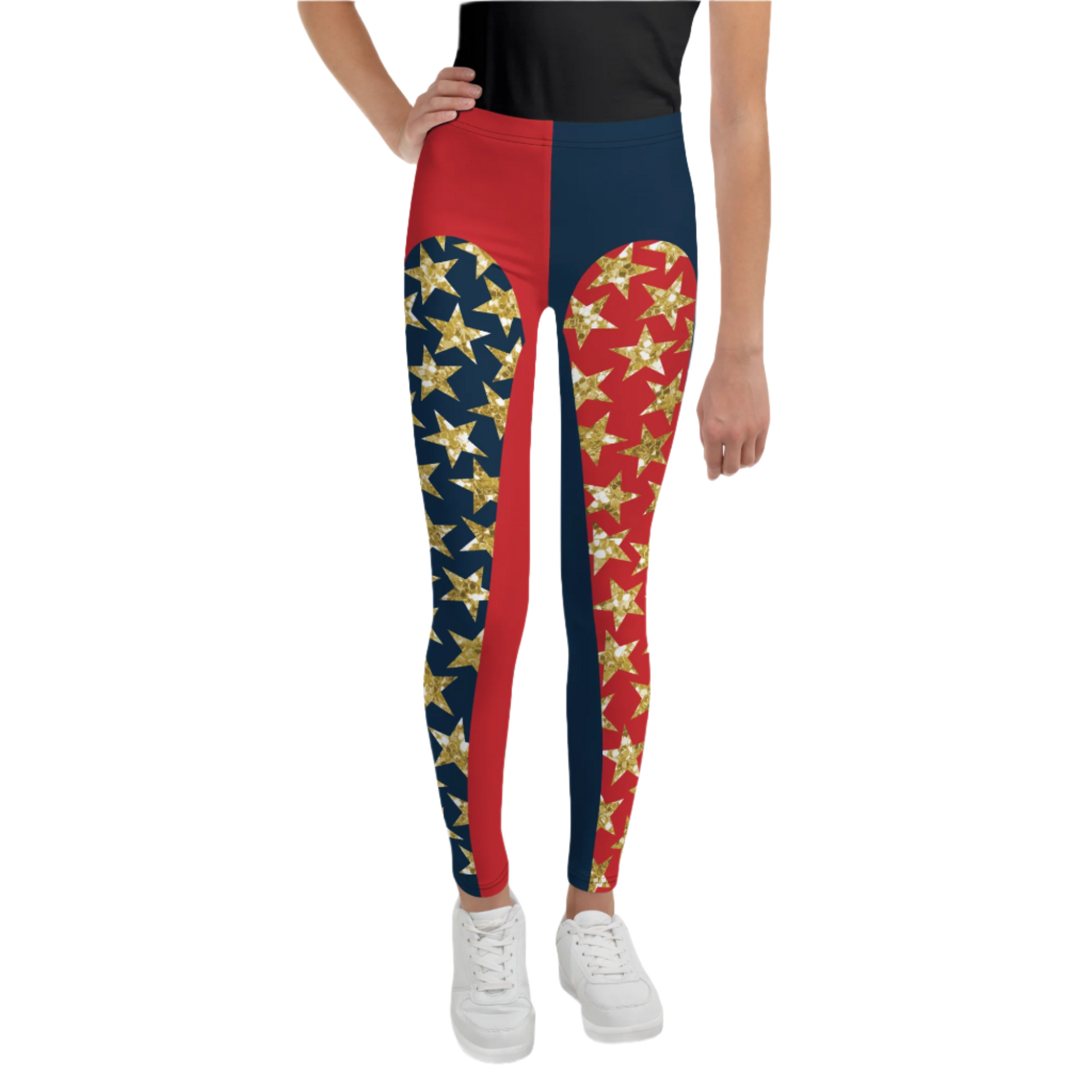 Youth and teen leggings in red and navy with gold glitter stars. Pro wrestling tights for teenagers and dancers. BJJ spats for kids in retro 80s style.