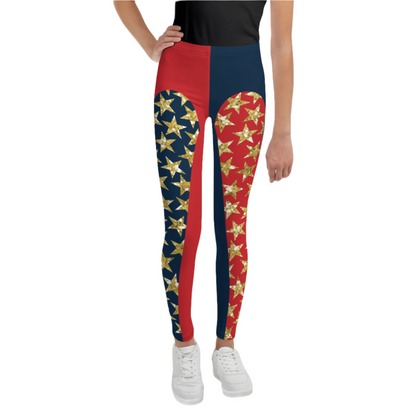 Youth and teen leggings in red and navy with gold glitter stars. Pro wrestling tights for teenagers and dancers. BJJ spats for kids in retro 80s style.