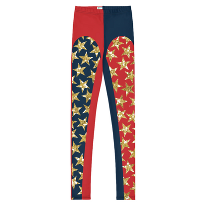 Youth and teen leggings in red and navy with gold glitter stars. Pro wrestling tights for teenagers and dancers. BJJ spats for kids in retro 80s style.