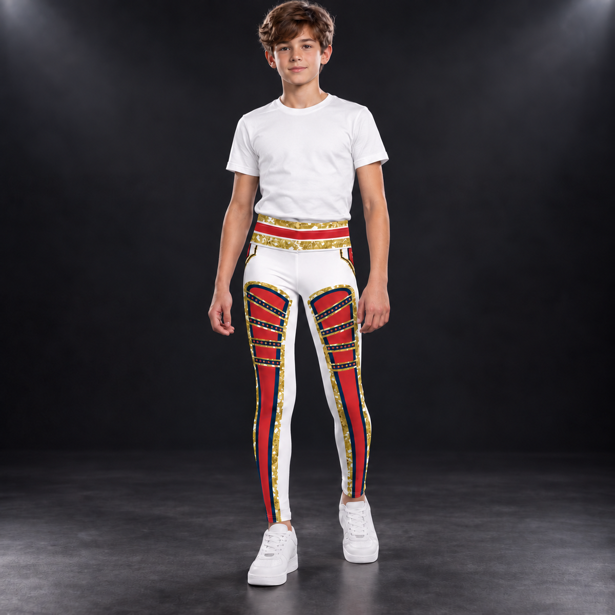 Young wearer in the White Circus youth wrestling leggings with a plain white tee - red front panels and gold trim