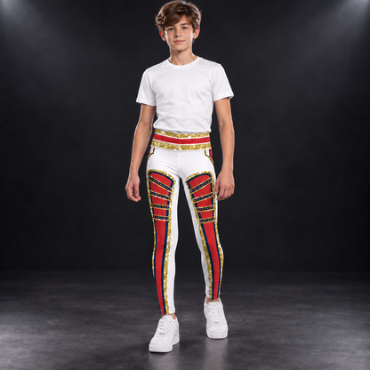 Young wearer in the White Circus youth wrestling leggings with a plain white tee - red front panels and gold trim