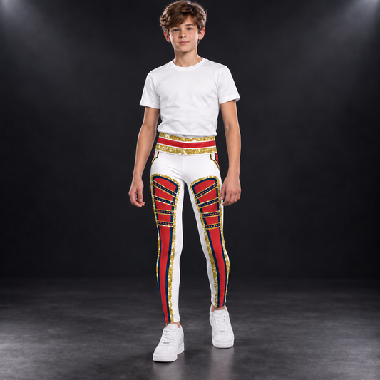 Young wearer in the White Circus youth wrestling leggings with a plain white tee - red front panels and gold trim
