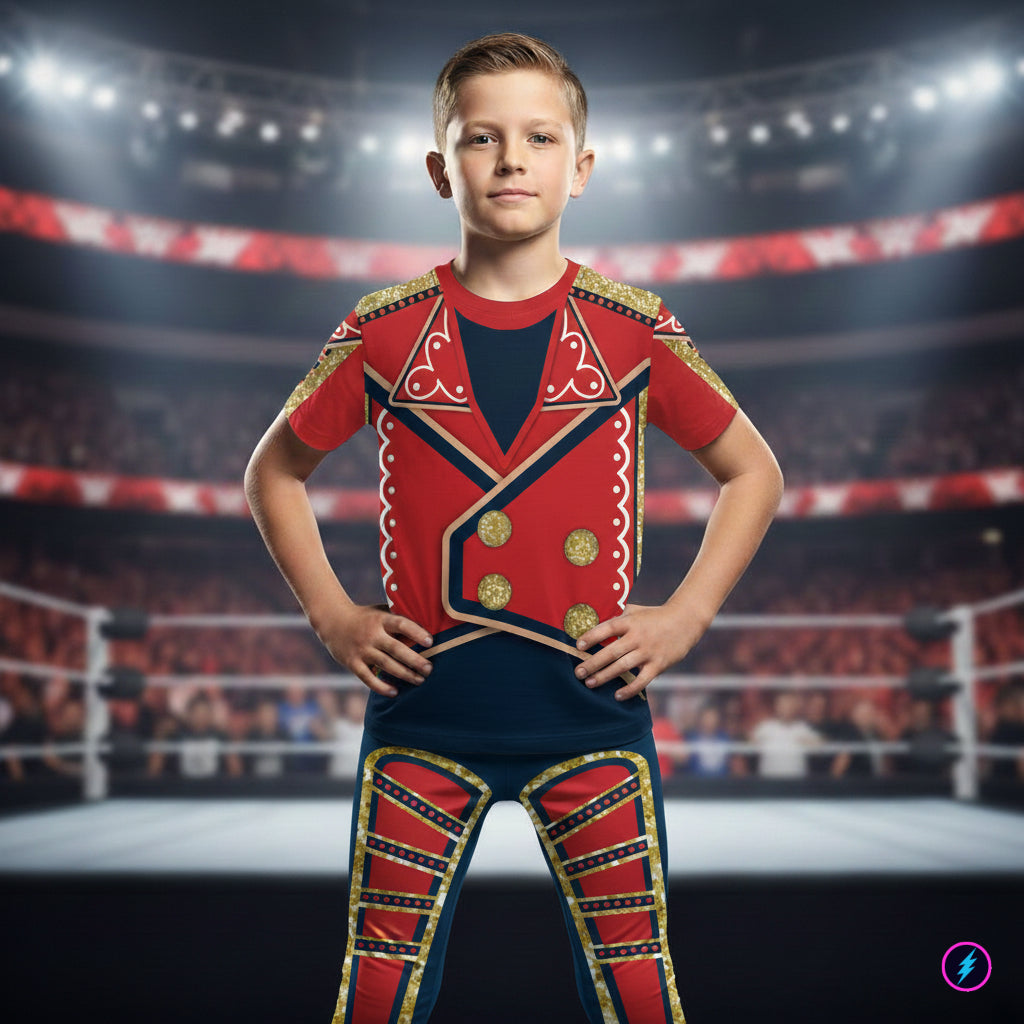young boy wearing a pro wrestling cosplay leggings and t-shirt costume