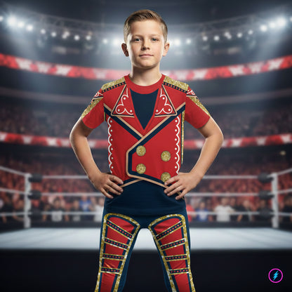 young boy wearing a pro wrestling cosplay leggings and t-shirt costume
