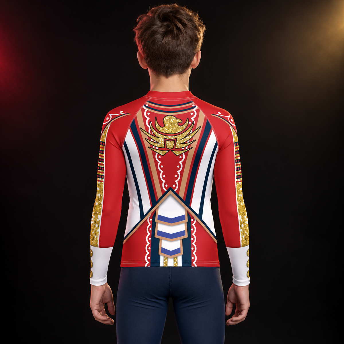 Back of the White Circus youth rash guard, worn - gold eagle emblem and navy and white chevron