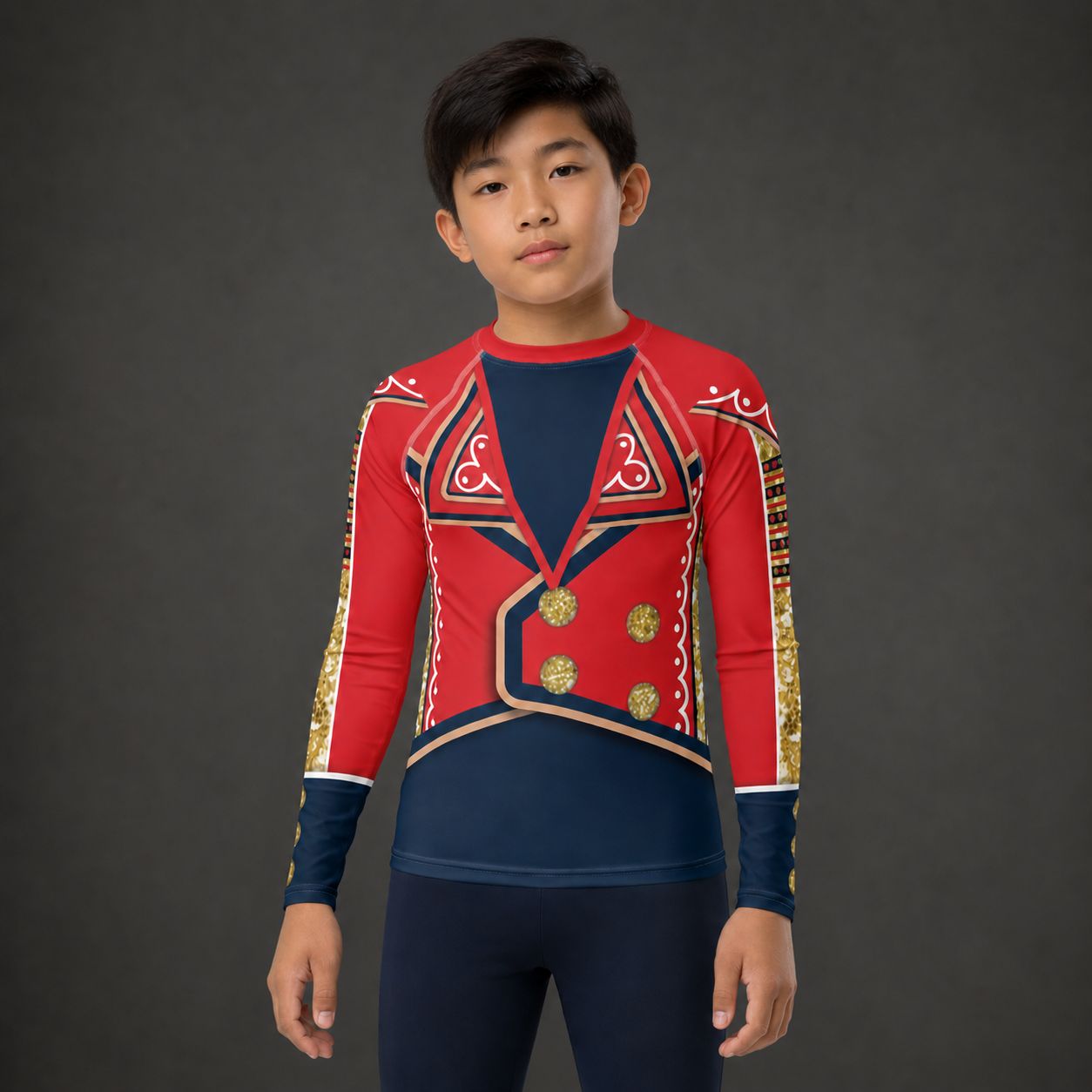 A young boy modeling a long-sleeve athletic rash guard shirt with a retro military-style jacket print in red, navy blue, and gold, paired with navy pants, against a dark gray studio background.