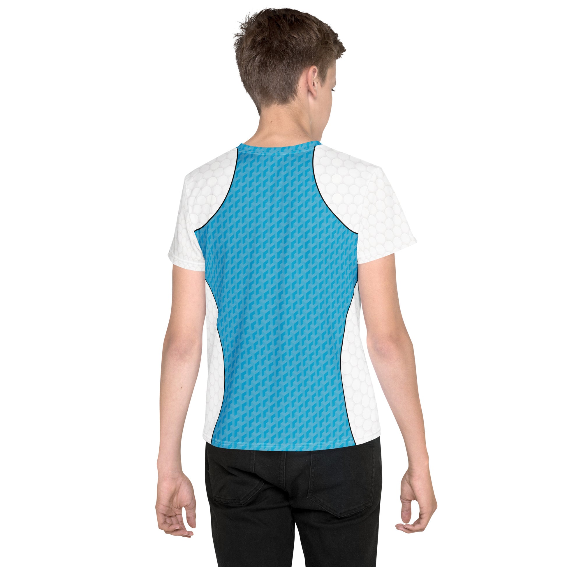 Youth t-shirt in Retro Palm Hero design with cyan textured panels, white shoulders, shown on model from multiple angles.