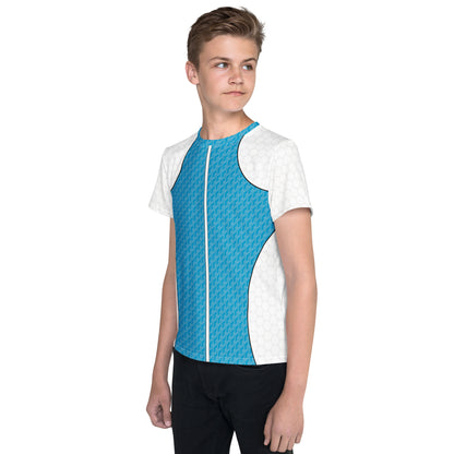 Youth t-shirt in Retro Palm Hero design with cyan textured panels, white shoulders, shown on model from multiple angles.