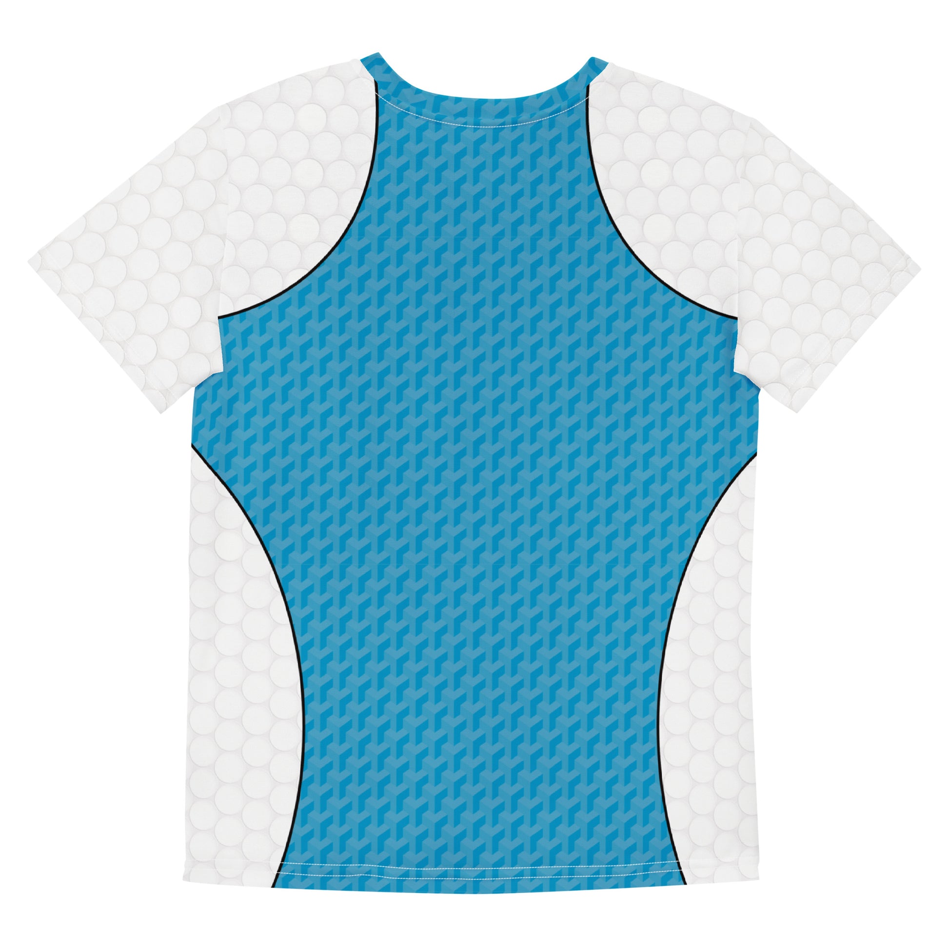 Youth t-shirt in Retro Palm Hero design with cyan textured panels, white shoulders, shown on model from multiple angles.