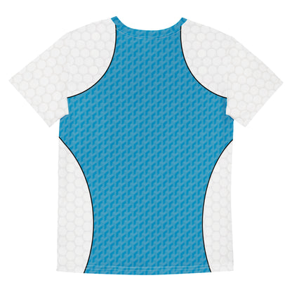 Youth t-shirt in Retro Palm Hero design with cyan textured panels, white shoulders, shown on model from multiple angles.