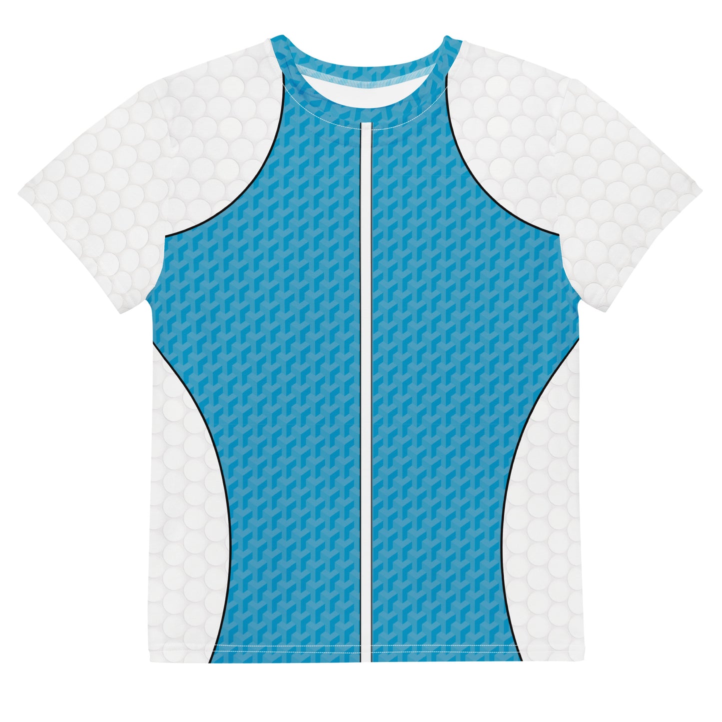 Youth t-shirt in Retro Palm Hero design with cyan textured panels, white shoulders, shown on model from multiple angles.