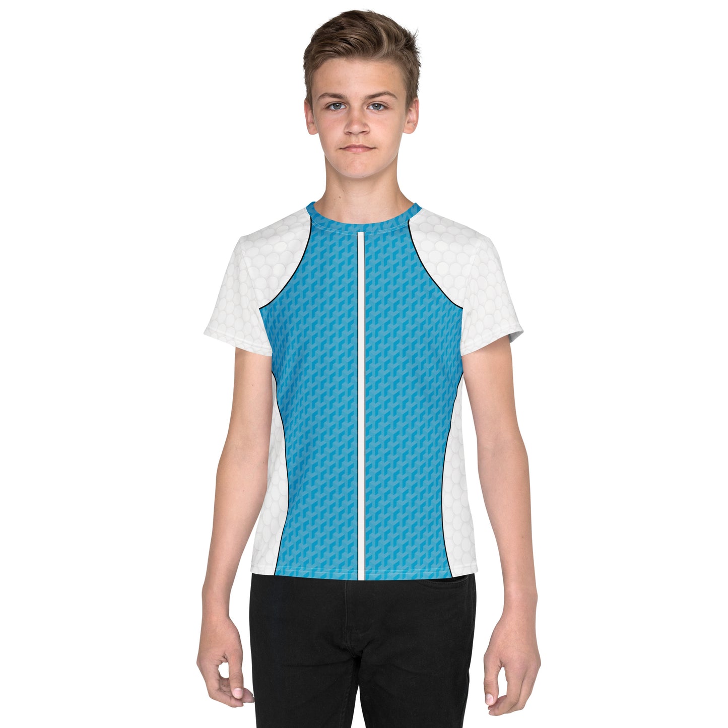 Youth t-shirt in Retro Palm Hero design with cyan textured panels, white shoulders, shown on model from multiple angles.