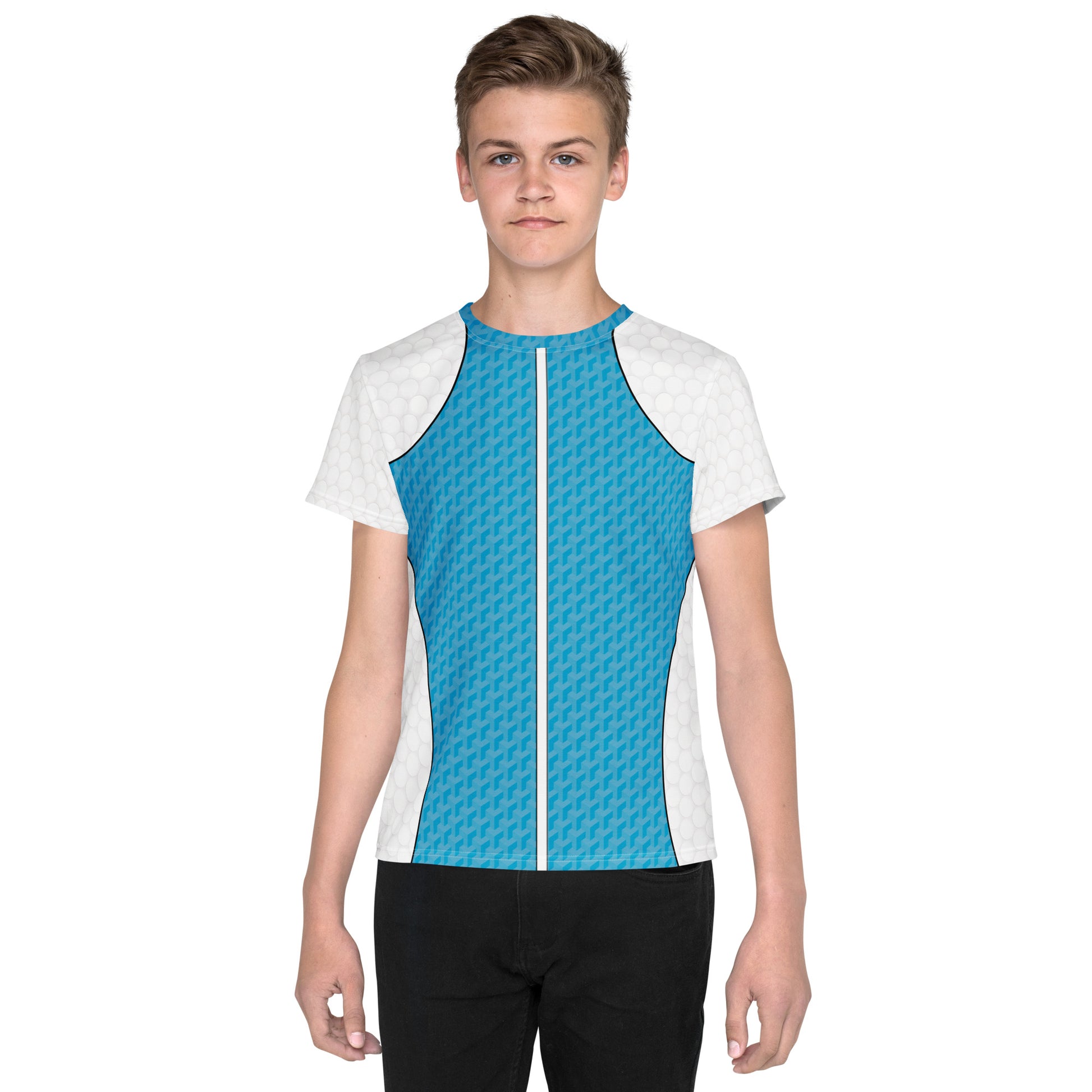 Youth t-shirt in Retro Palm Hero design with cyan textured panels, white shoulders, shown on model from multiple angles.