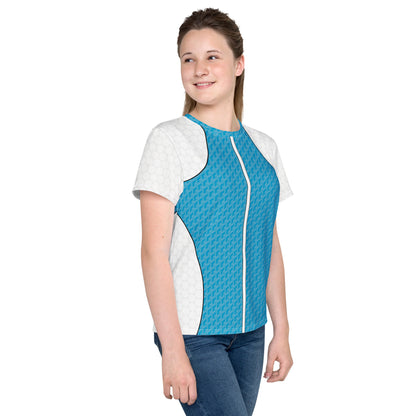 Youth t-shirt in Retro Palm Hero design with cyan textured panels, white shoulders, shown on model from multiple angles.