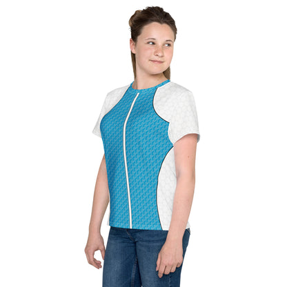 Youth t-shirt in Retro Palm Hero design with cyan textured panels, white shoulders, shown on model from multiple angles.