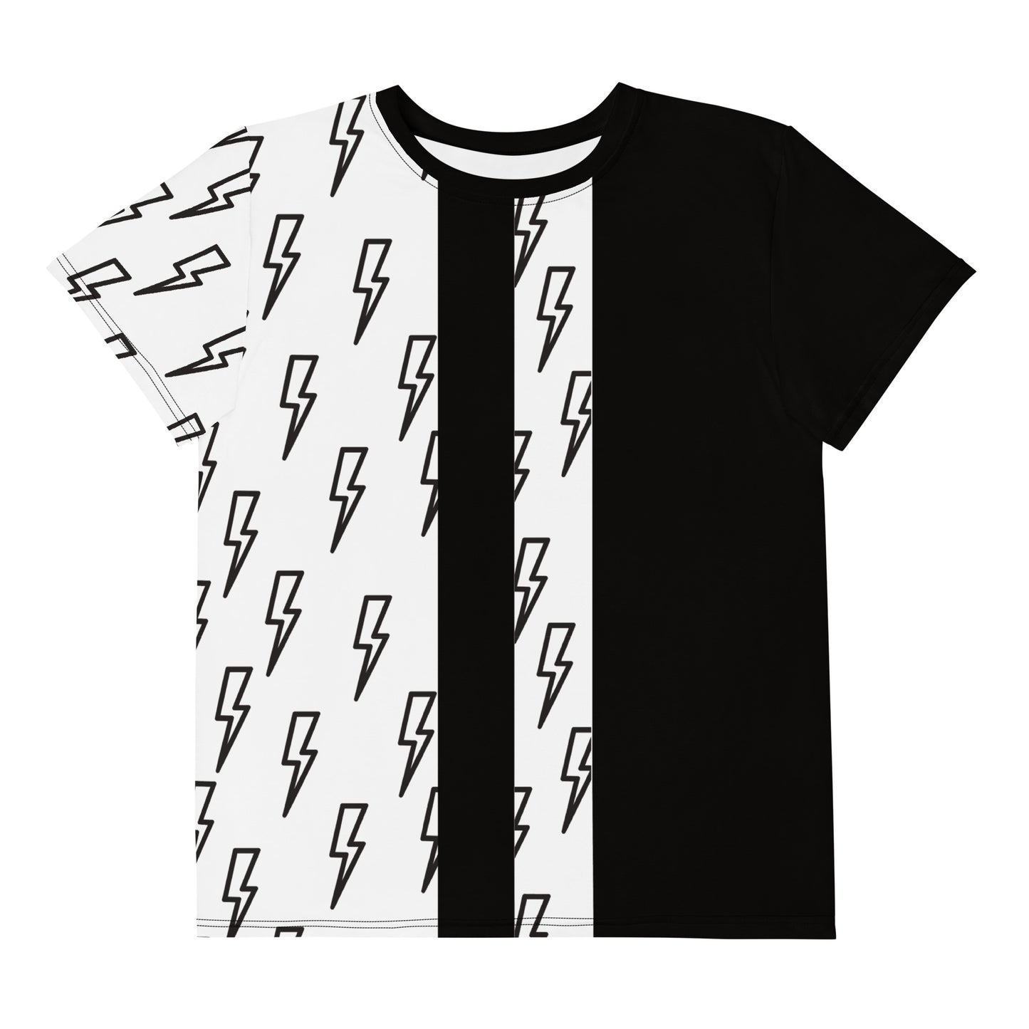 Front flat lay of youth T-shirt in black and white with all-over lightning bolt print