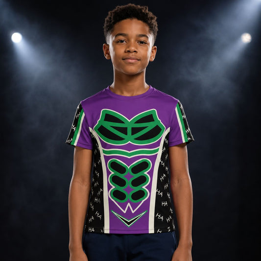 Child wearing a wrestling luchador superhero t-shirt with purple and green accents on a dark background