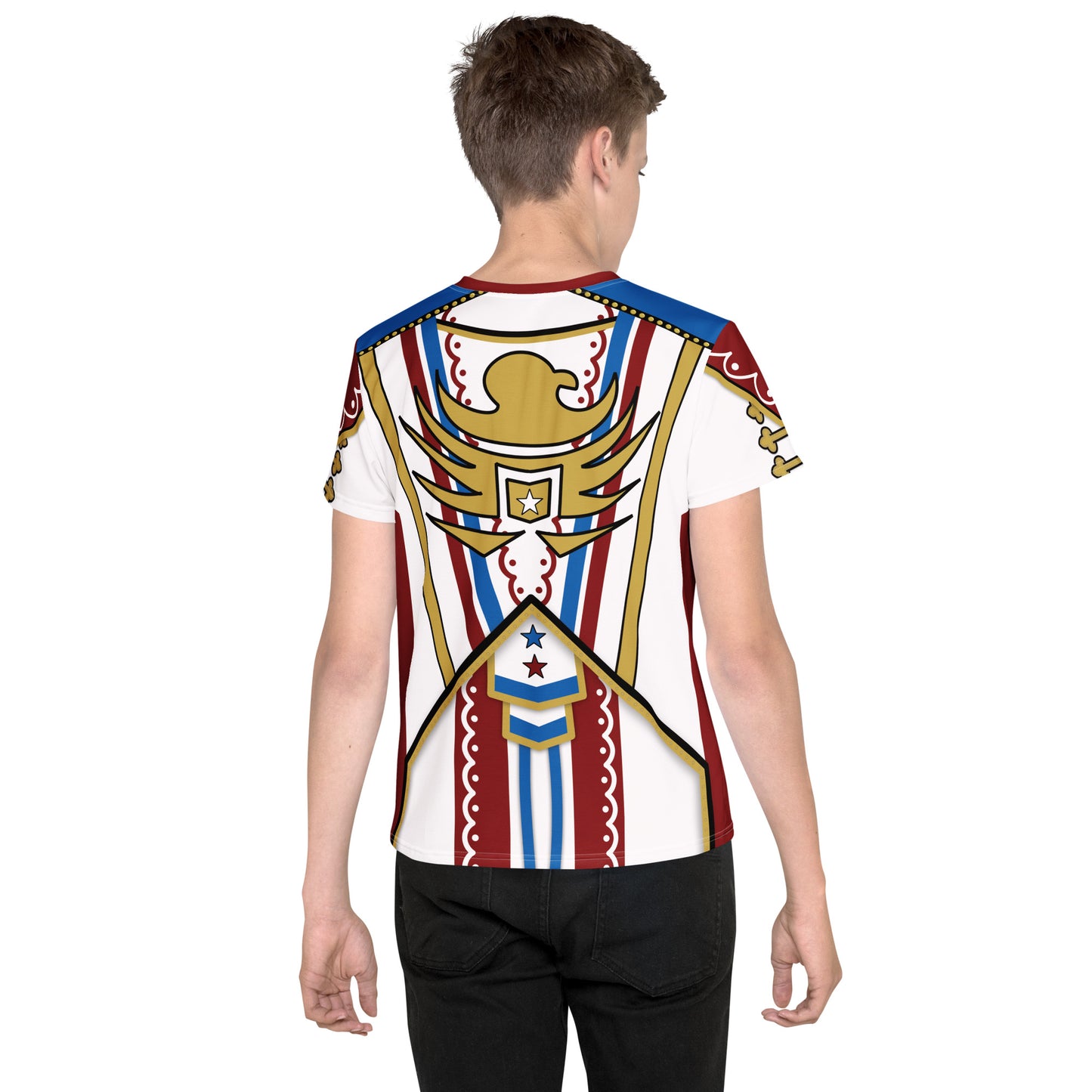 teen boy wearing retro military style printed wrestling cosplay t-shirt in white, maroon and blue with gold buttons and braiding . Abstract gold eagle on rear.