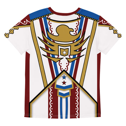 Flat lay retro military style printed wrestling cosplay t-shirt in white, maroon and blue with gold buttons and braiding. Rear view