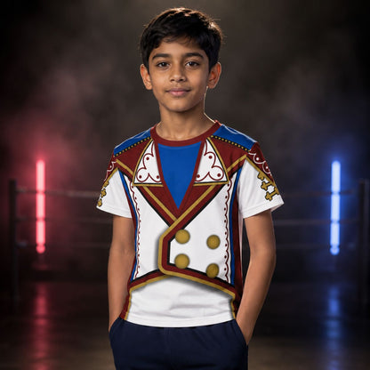 Young boy wearing a patriotic American hero costume in maroon, blue and white with a dark background