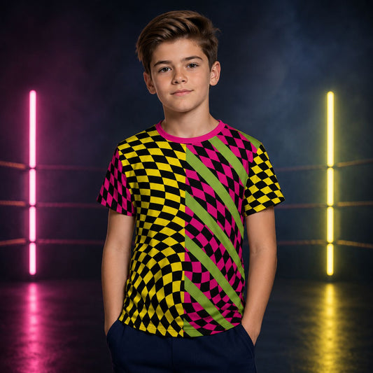 Young person wearing a colorful geometric patterned shirt in pink, yellow and orange with neon lights in the background