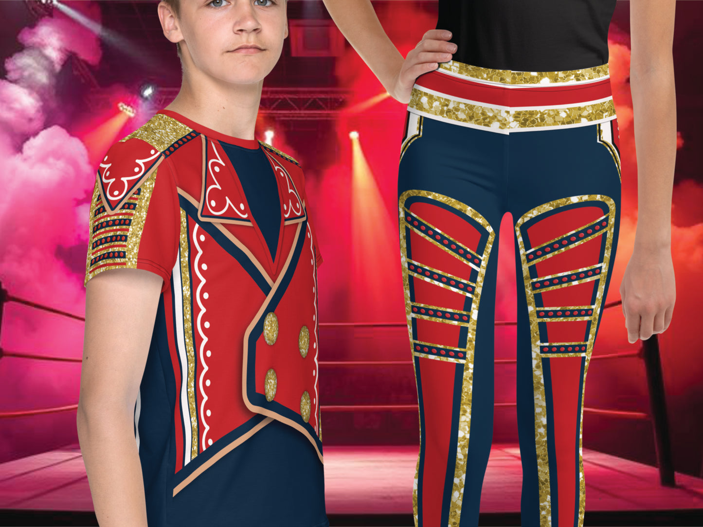Cosplay activewear for wrestling fans in red, white, navy and gold. T-shirt and wrestling tights for teenagers. Retro military costume in faux jacket design. Epaulettes and collars and gold buttons. Matching wrestling tights.