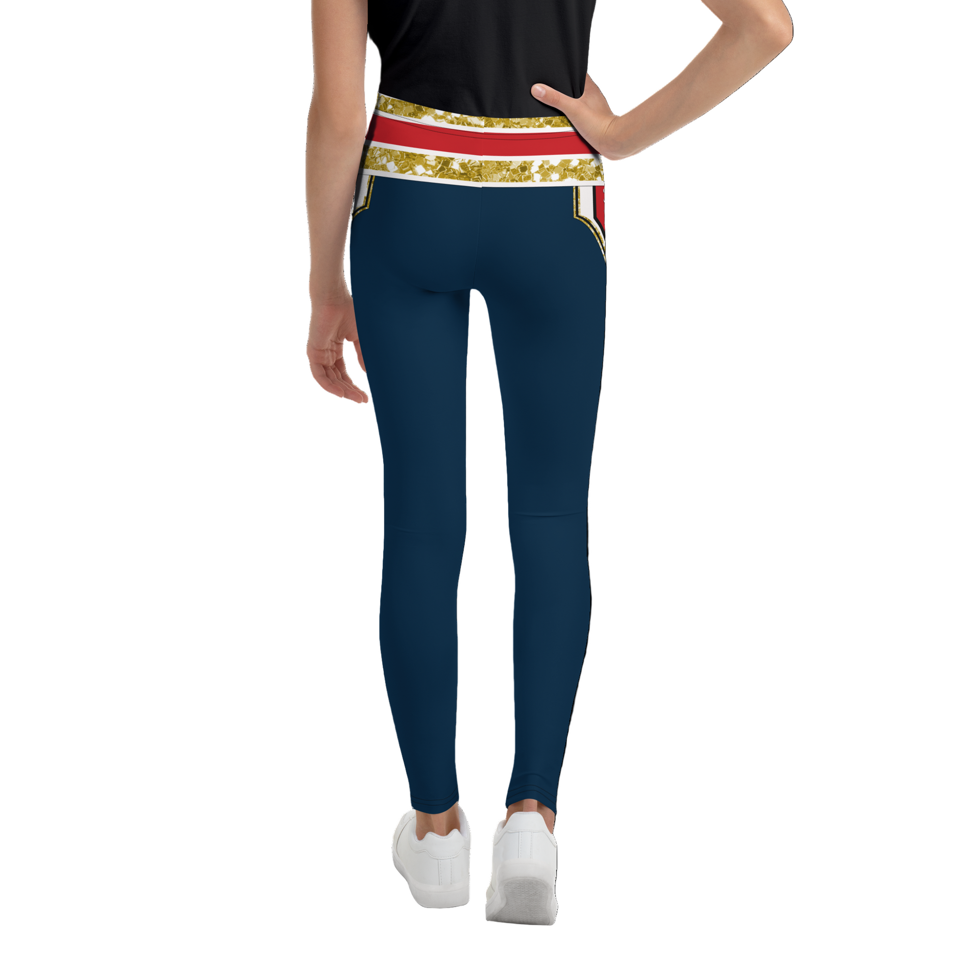 Navy leggings with a colorful waistband worn by a teenager. Gold glitter features and red band. Pro wrestling cosplay athleisure by BillingtonPix