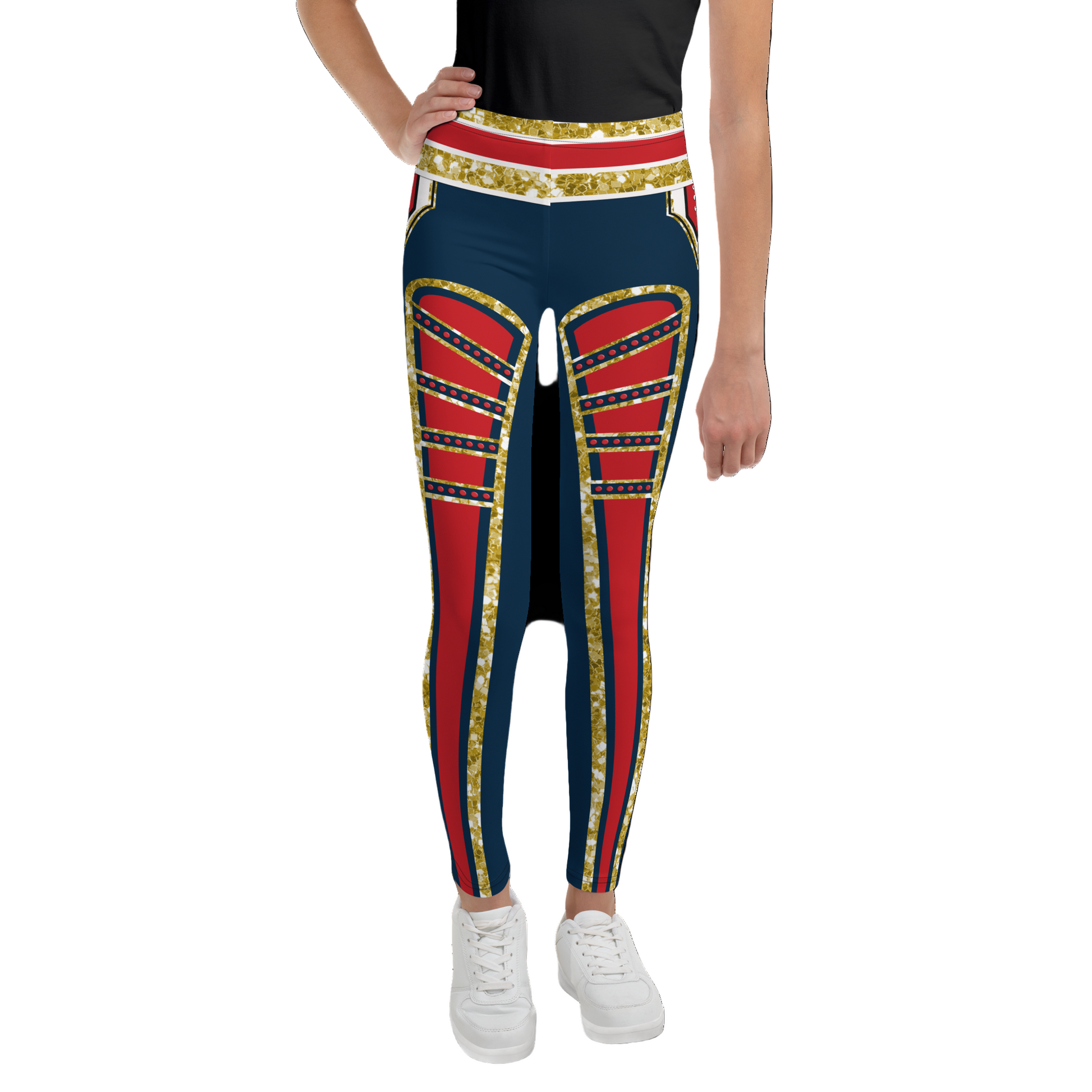 Leggings with red, blue, and gold design worn by a person on a white background